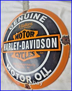 Vintage Genuine Harley Davidson Porcelain Sign Pump Plate Gas Station Oil