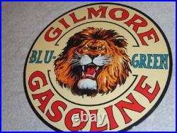 Vintage Gilmore Blu-green Gasoline Lion Growls 11 3/4 Porcelain Metal Oil Sign