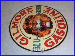 Vintage Gilmore Blu-green Gasoline Lion Growls 11 3/4 Porcelain Metal Oil Sign