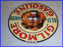 Vintage Gilmore Blu-green Gasoline Lion Growls 11 3/4 Porcelain Metal Oil Sign