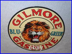 Vintage Gilmore Blu-green Gasoline Lion Growls 11 3/4 Porcelain Metal Oil Sign