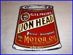Vintage Gilmore Lion Head Quart Motor Oil Can 11 Porcelain Metal Gasoline Sign