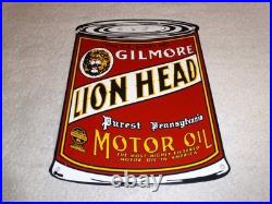 Vintage Gilmore Lion Head Quart Motor Oil Can 11 Porcelain Metal Gasoline Sign