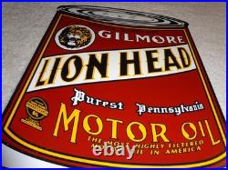 Vintage Gilmore Lion Head Quart Motor Oil Can 11 Porcelain Metal Gasoline Sign