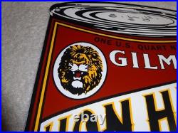 Vintage Gilmore Lion Head Quart Motor Oil Can 11 Porcelain Metal Gasoline Sign