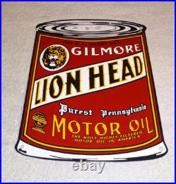 Vintage Gilmore Lion Head Quart Motor Oil Can 11 Porcelain Metal Gasoline Sign