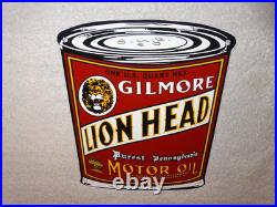 Vintage Gilmore Lion Head Quart Motor Oil Can 11 Porcelain Metal Gasoline Sign