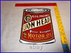 Vintage Gilmore Lion Head Quart Motor Oil Can 11 Porcelain Metal Gasoline Sign