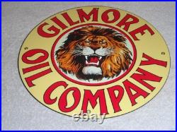 Vintage Gilmore Oil Company Lion Growling 11 3/4 Porcelain Metal Gasoline Sign
