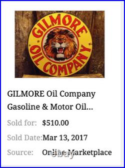 Vintage Gilmore Oil Company Lion Growling 11 3/4 Porcelain Metal Gasoline Sign