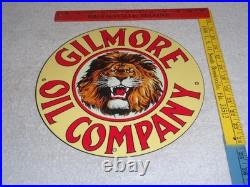 Vintage Gilmore Oil Company Lion Growling 11 3/4 Porcelain Metal Gasoline Sign