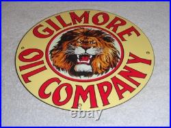 Vintage Gilmore Oil Company Lion Growling 11 3/4 Porcelain Metal Gasoline Sign