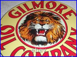 Vintage Gilmore Oil Company Lion Growling 11 3/4 Porcelain Metal Gasoline Sign