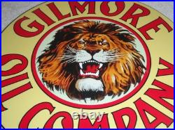Vintage Gilmore Oil Company Lion Growling 11 3/4 Porcelain Metal Gasoline Sign