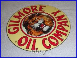 Vintage Gilmore Oil Company Lion Growling 11 3/4 Porcelain Metal Gasoline Sign