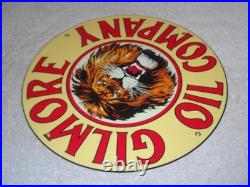Vintage Gilmore Oil Company Lion Growling 11 3/4 Porcelain Metal Gasoline Sign