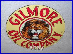 Vintage Gilmore Oil Company Lion Growling 11 3/4 Porcelain Metal Gasoline Sign