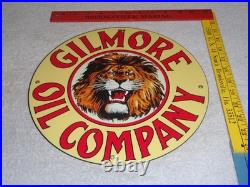 Vintage Gilmore Oil Company Lion Growling 11 3/4 Porcelain Metal Gasoline Sign