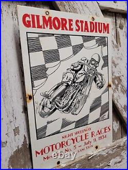 Vintage Gilmore Porcelain Sign 1934 Motorcycle Race Car Oil Gas Station Service