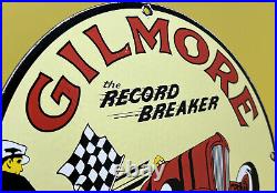 Vintage Gilmore Record Breaker Gasoline Porcelain Sign Gas Pump Plate Motor Oil