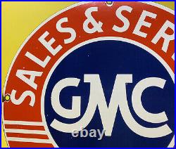 Vintage Gmc Sales & Service Porcelain Sign General Motors Dealership Gas Oil