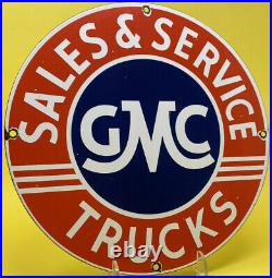 Vintage Gmc Sales & Service Porcelain Sign General Motors Dealership Gas Oil