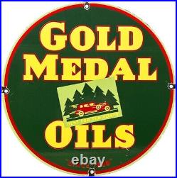 Vintage Gold Medal Oils Porcelain Sign Gas Station Gasoline Motor Oil Service Vintage Gold Medal Oils Porcelain Sign Gas Station Gasoline Motor Oil Service