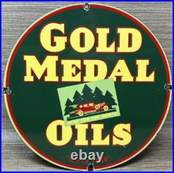 Vintage Gold Medal Oils Porcelain Sign Gas Station Gasoline Motor Oil Service Vintage Gold Medal Oils Porcelain Sign Gas Station Gasoline Motor Oil Service