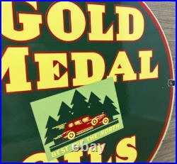 Vintage Gold Medal Oils Porcelain Sign Gas Station Gasoline Motor Oil Service Vintage Gold Medal Oils Porcelain Sign Gas Station Gasoline Motor Oil Service