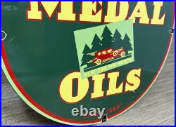 Vintage Gold Medal Oils Porcelain Sign Gas Station Gasoline Motor Oil Service Vintage Gold Medal Oils Porcelain Sign Gas Station Gasoline Motor Oil Service