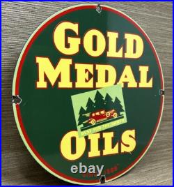 Vintage Gold Medal Oils Porcelain Sign Gas Station Gasoline Motor Oil Service Vintage Gold Medal Oils Porcelain Sign Gas Station Gasoline Motor Oil Service