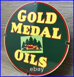 Vintage Gold Medal Oils Porcelain Sign Gas Station Gasoline Motor Oil Service Vintage Gold Medal Oils Porcelain Sign Gas Station Gasoline Motor Oil Service