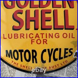 Vintage Golden Shell Oil For Motorcycles 12 Inch Convex Porcelain Enamel Sign