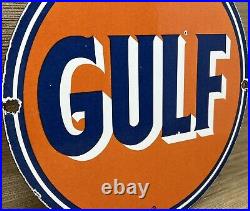 Vintage Gulf Gasoline Porcelain Sign General Store Gas Station Motor Oil Pump