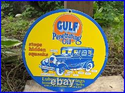 Vintage Gulf Penetrating Oil Porcelain Gas Station Pump Sign 12