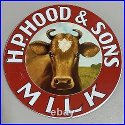 Vintage HP Hood Porcelain Sign Gas Oil Milk Dairy Cow Quart Cream Ad Pump Plate