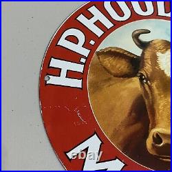 Vintage HP Hood Porcelain Sign Gas Oil Milk Dairy Cow Quart Cream Ad Pump Plate