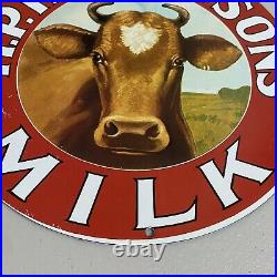 Vintage HP Hood Porcelain Sign Gas Oil Milk Dairy Cow Quart Cream Ad Pump Plate