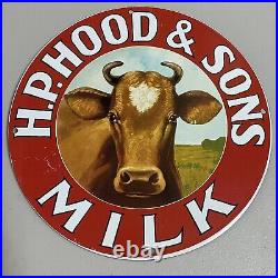 Vintage HP Hood Porcelain Sign Gas Oil Milk Dairy Cow Quart Cream Ad Pump Plate
