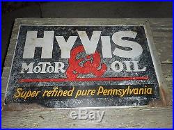 Vintage HYVIS MOTOR OIL Advertising 2-Sided Gas Station FLANGE SIGN ORIGINAL