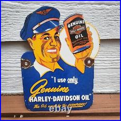 Vintage Harley Davidson Genuine Motorcycle Oil Porcelain Advertising Sign Man
