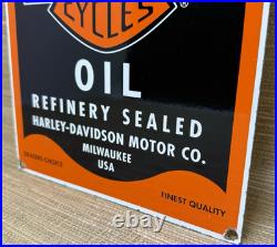 Vintage Harley Davidson Motorcycles Porcelain Dealership Sign Gas Oil Quality