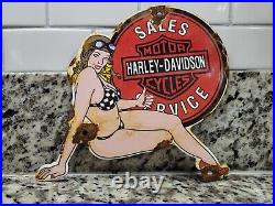 Vintage Harley Davidson Porcelain Motorcycle Girl Sign Gas Station Oil Dealer