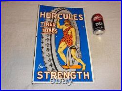 Vintage Hercules Tires & Tubes Porcelain Metal Gasoline Oil 2 Sided Flange Sign
