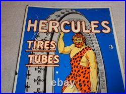 Vintage Hercules Tires & Tubes Porcelain Metal Gasoline Oil 2 Sided Flange Sign