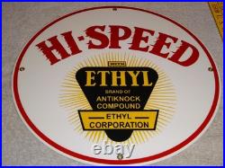 Vintage Hi-speed Ethyl Gas 11 3/4 Porcelain Metal High Speed Gasoline Oil Sign