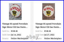 Vintage Hi-speed Ethyl Gas 11 3/4 Porcelain Metal High Speed Gasoline Oil Sign