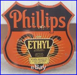 Vintage Huge Double Sided Phillips 66 Porcelain Ethyl Gas Oil Station Sign 30