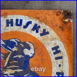 Vintage Husky Hi Power Old Us Gasoline Oil Gas Pump Enamel Porcelain Sign