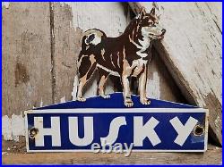 Vintage Husky Porcelain Sign Gas Oil Texlite Diecut Garage Dog Service Plaque